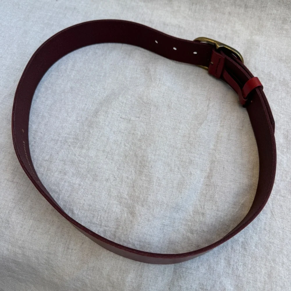 Anthropologie Belt small Red Leather Antique Brass Oval Buckle Boho Minimalist